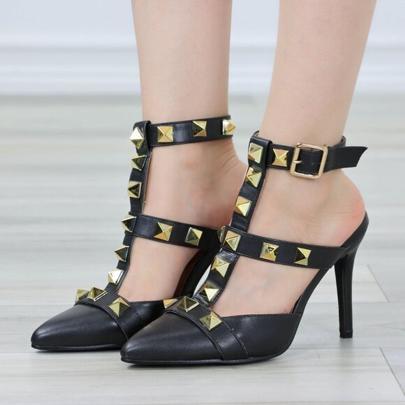 Black Pointed Toe High Heels Trendy Gold Studs Ankle Strap Stiletto's - Picture 2 of 13